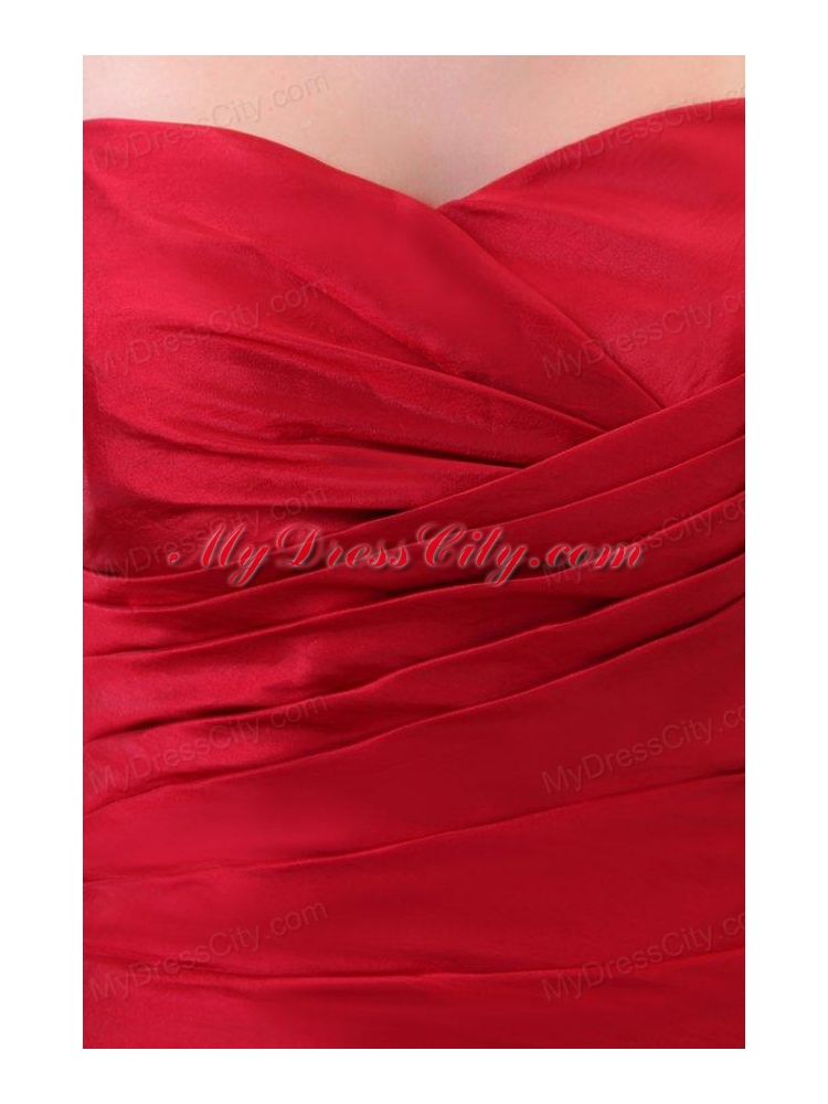 Red Column Sweetheart Brush Train Affordable Ruching Prom Dress with Lace Up