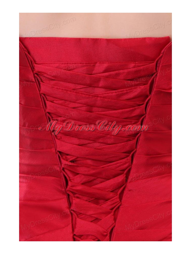 Red Column Sweetheart Brush Train Affordable Ruching Prom Dress with Lace Up