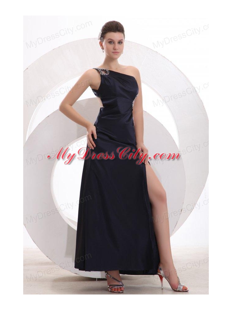 Sexy Column One Shoulder Ankle-length Beading Navy Blue Prom Dress with Criss Cross