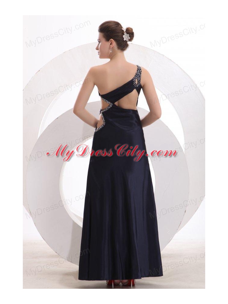 Sexy Column One Shoulder Ankle-length Beading Navy Blue Prom Dress with Criss Cross