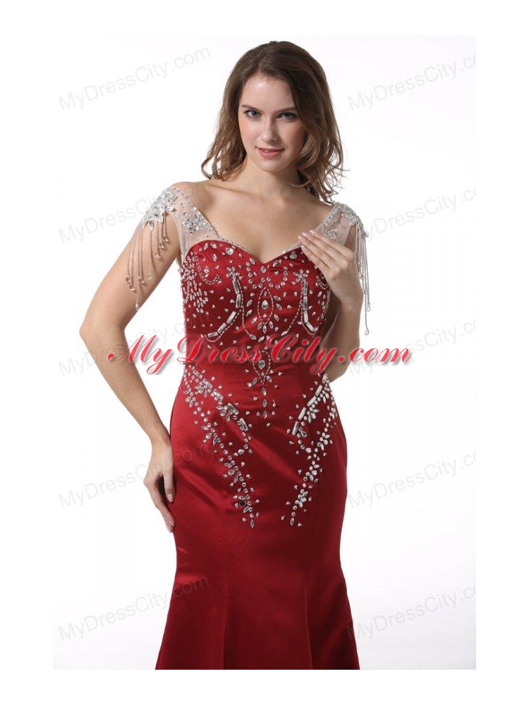 Wine Red Court Train V-neck Mermaid Prom Dress with Beading