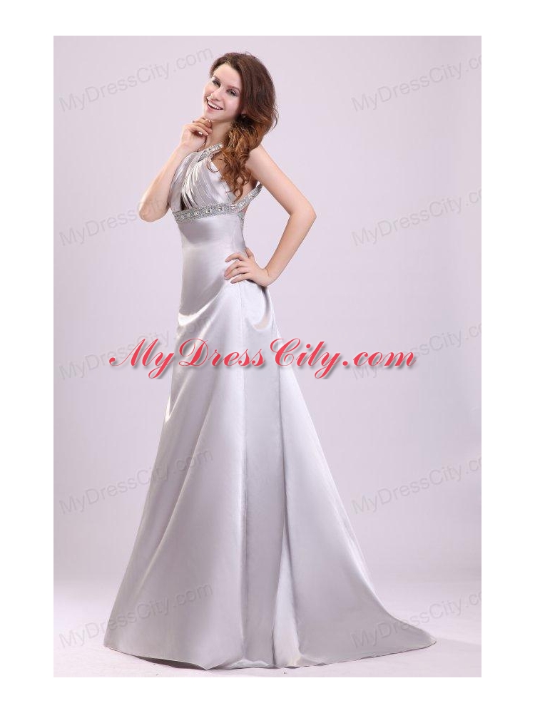 A-line Gray Straps Beading and Ruching Brush Train  Prom Dress