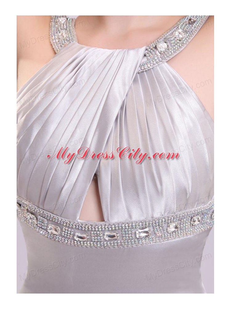 A-line Gray Straps Beading and Ruching Brush Train  Prom Dress