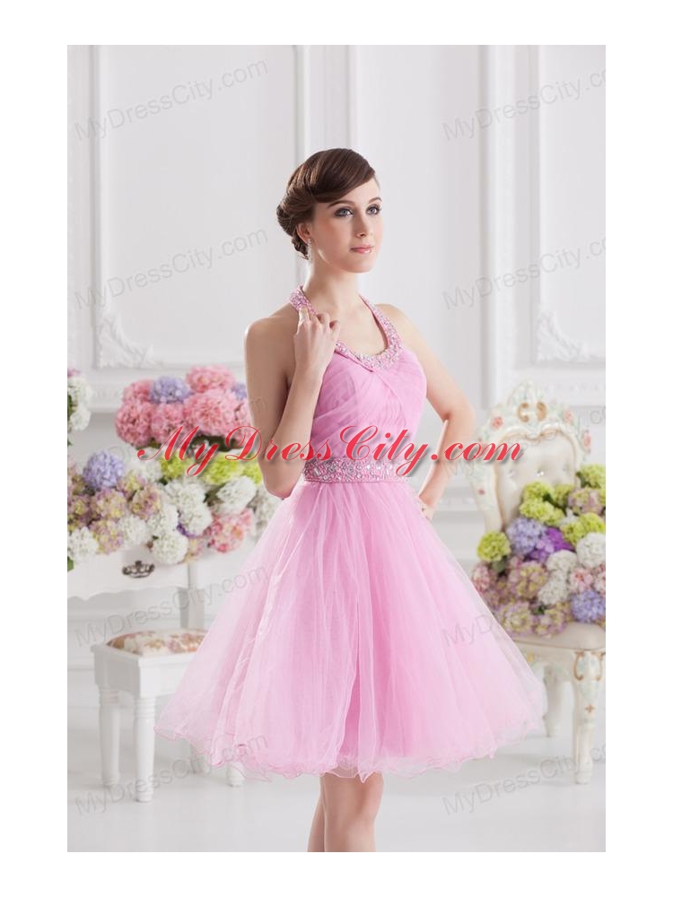 A-line Halter Top Pink Prom Dress with Ruching and Beading
