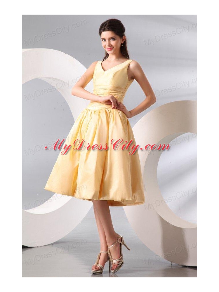 A-line Light Yellow V-neck Knee-length Ruching Prom Dress