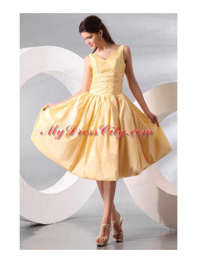 A-line Light Yellow V-neck Knee-length Ruching Prom Dress
