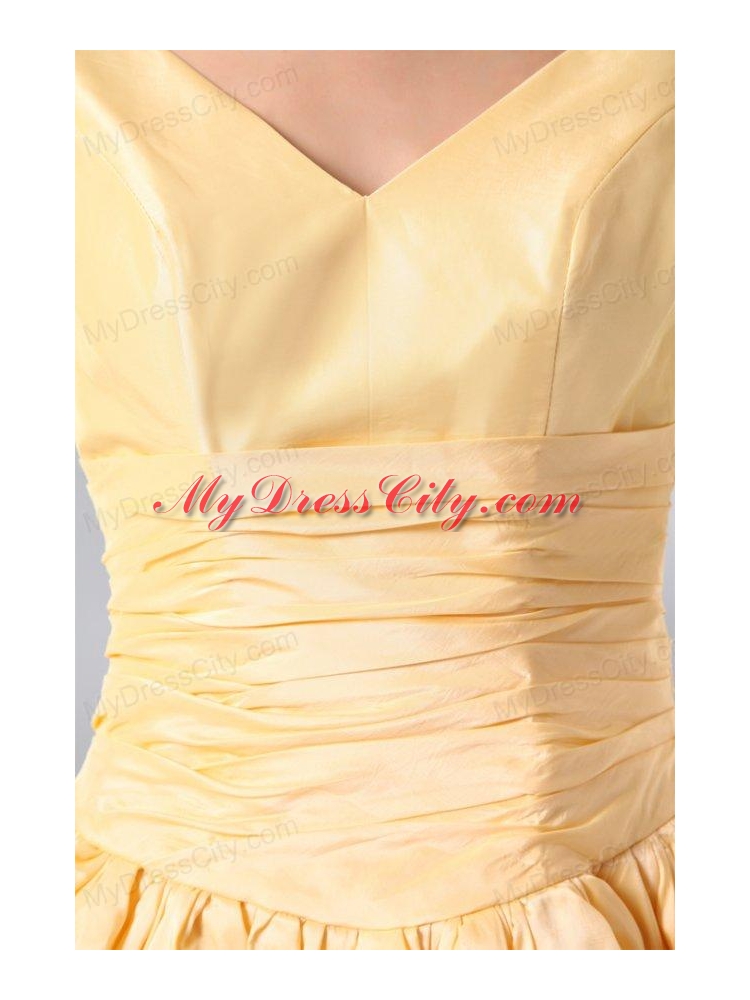 A-line Light Yellow V-neck Knee-length Ruching Prom Dress