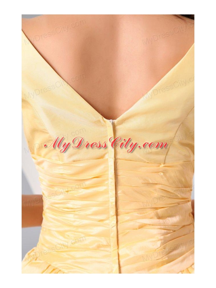 A-line Light Yellow V-neck Knee-length Ruching Prom Dress