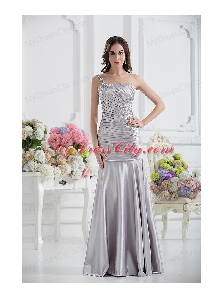 A-line One Shoulder Satin Beading and Ruching Prom Dress in Sliver