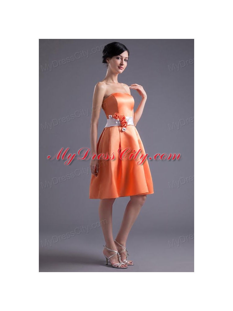 A-line Orange Red Strapless Sash Knee-length Satin Prom Dress