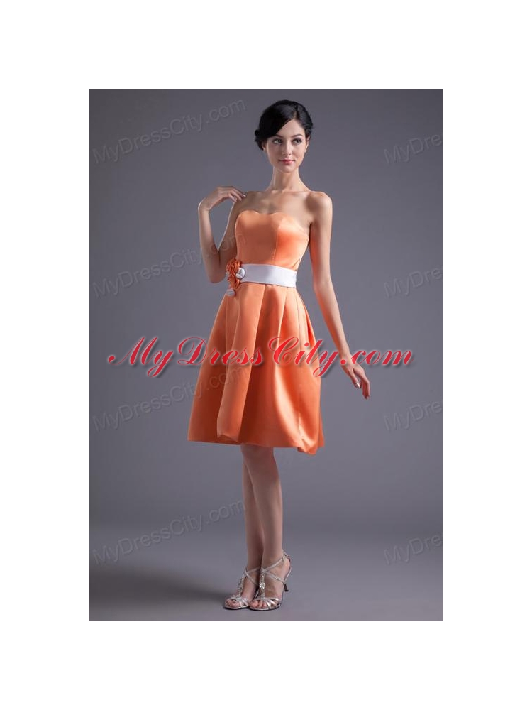 A-line Orange Red Strapless Sash Knee-length Satin Prom Dress