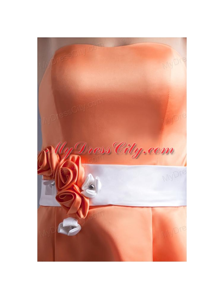 A-line Orange Red Strapless Sash Knee-length Satin Prom Dress