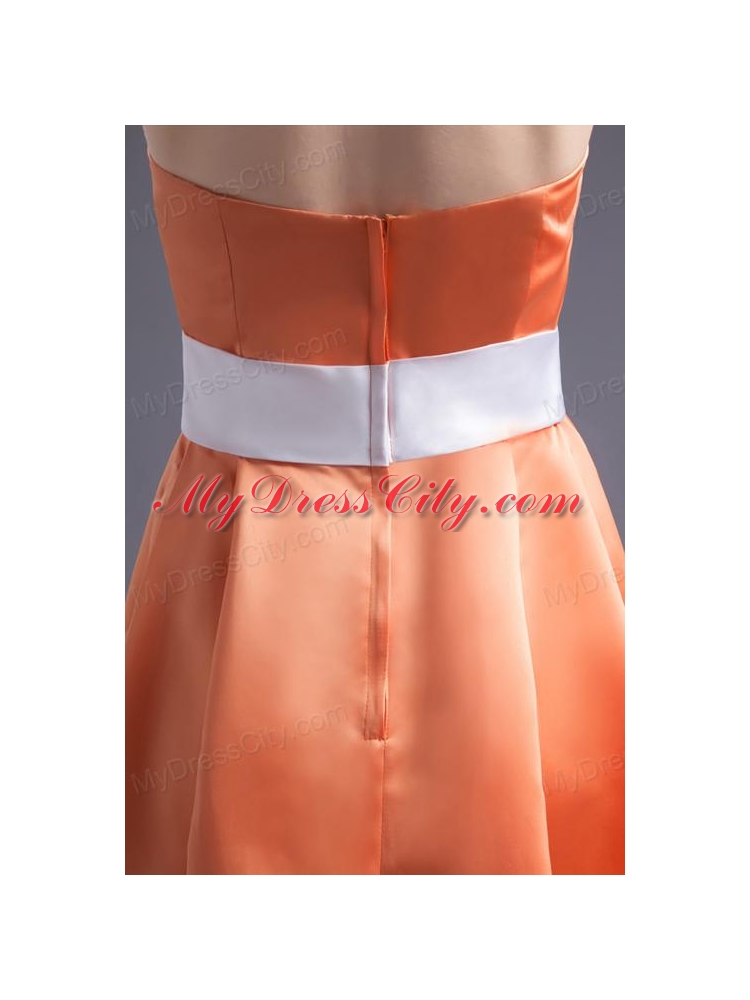 A-line Orange Red Strapless Sash Knee-length Satin Prom Dress
