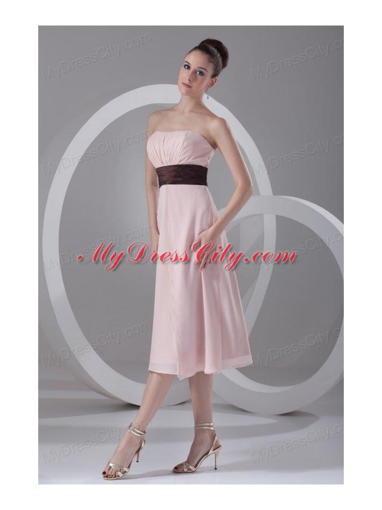 Affordable Empire Strapless Tea-length Chiffon Pink Belt Prom Dress