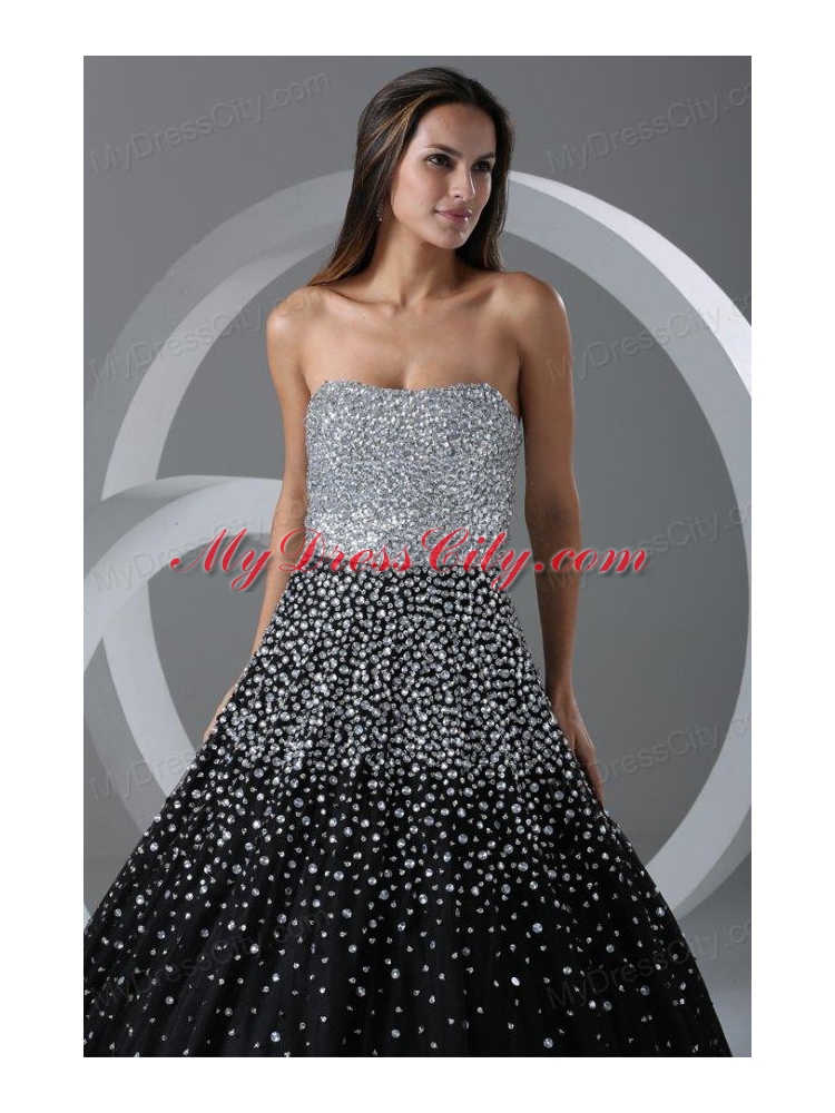 Black Ball Gown Strapless Prom Dress with Beading and Sequins