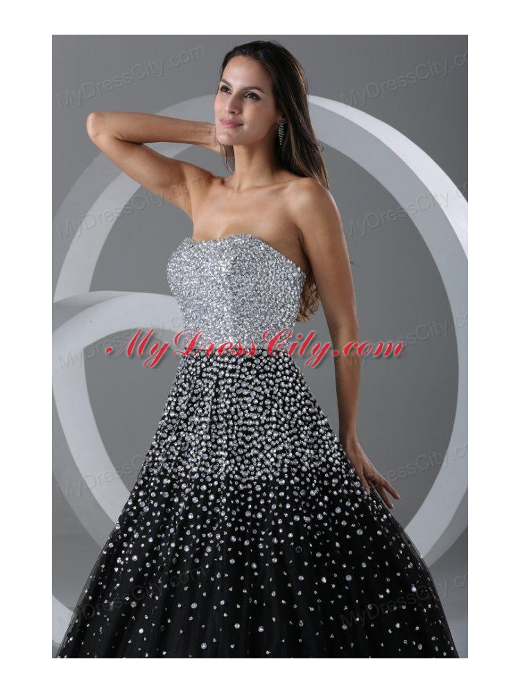 Black Ball Gown Strapless Prom Dress with Beading and Sequins