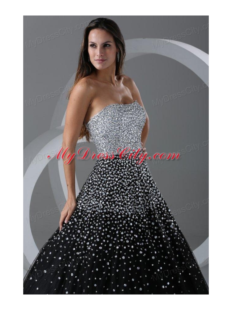 Black Ball Gown Strapless Prom Dress with Beading and Sequins