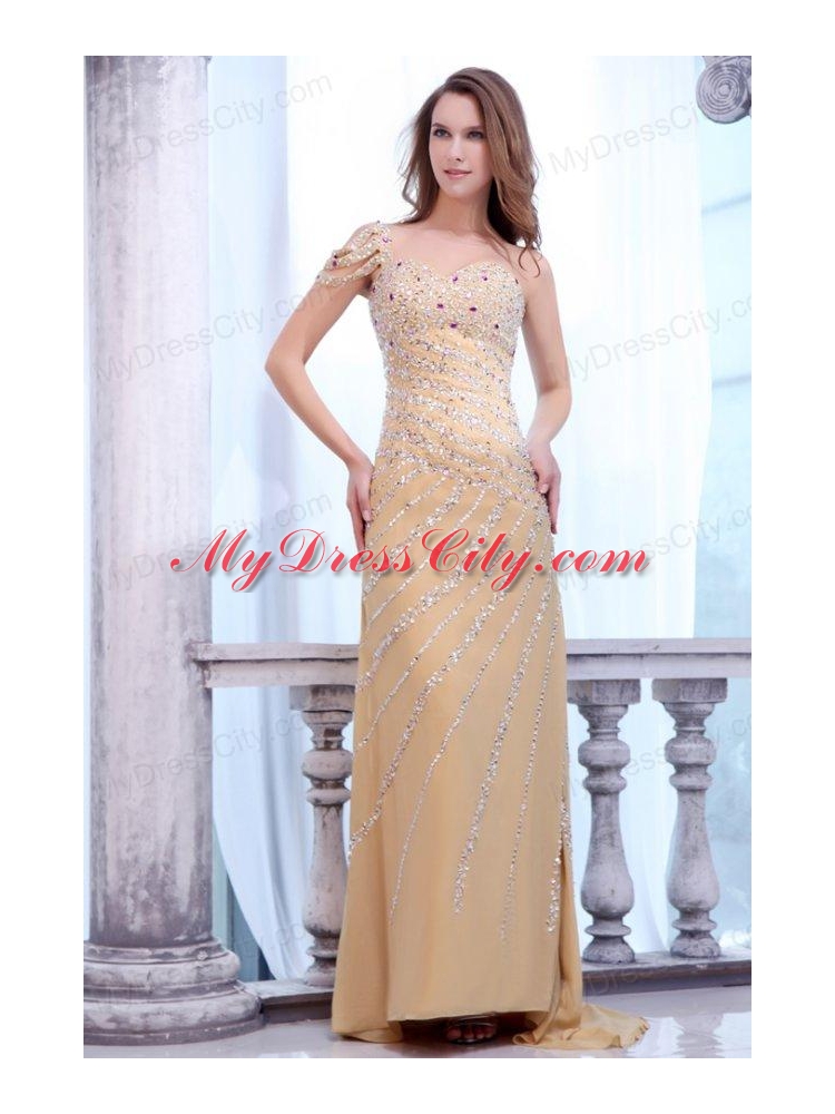 Brush Train Column One Shoulder Gold Prom Dress with Beading