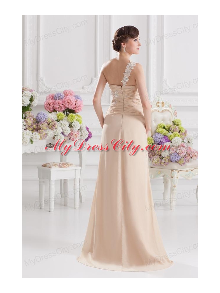 Champagne Empire Prom Dress with Ruching and Appliques