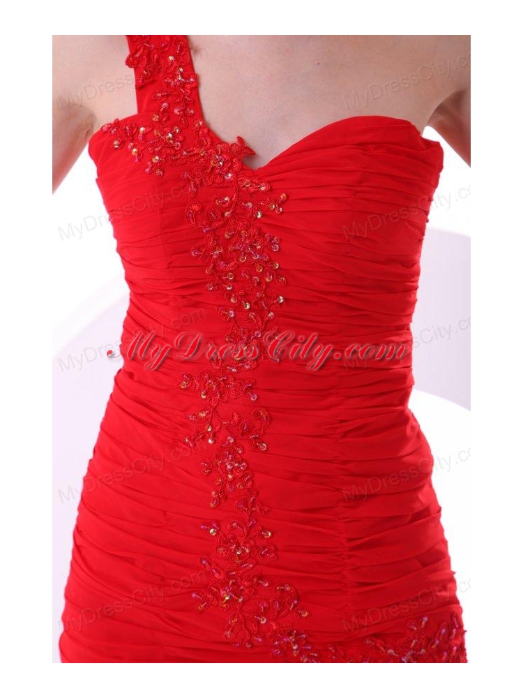 Cheap Column One Shoulder Chiffon Appliques Mini-length Red Prom Dress