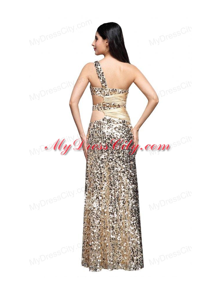 Column Champagne One Shoulder Sequins Ruching Floor-length Prom Dress