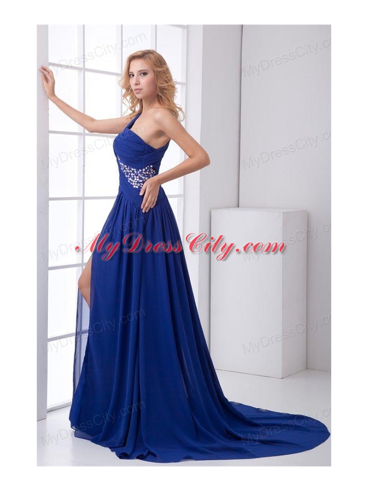 Elegant Empire One Shoulder Brush Train Beading Criss Cross Chiffon Blue Prom Dress