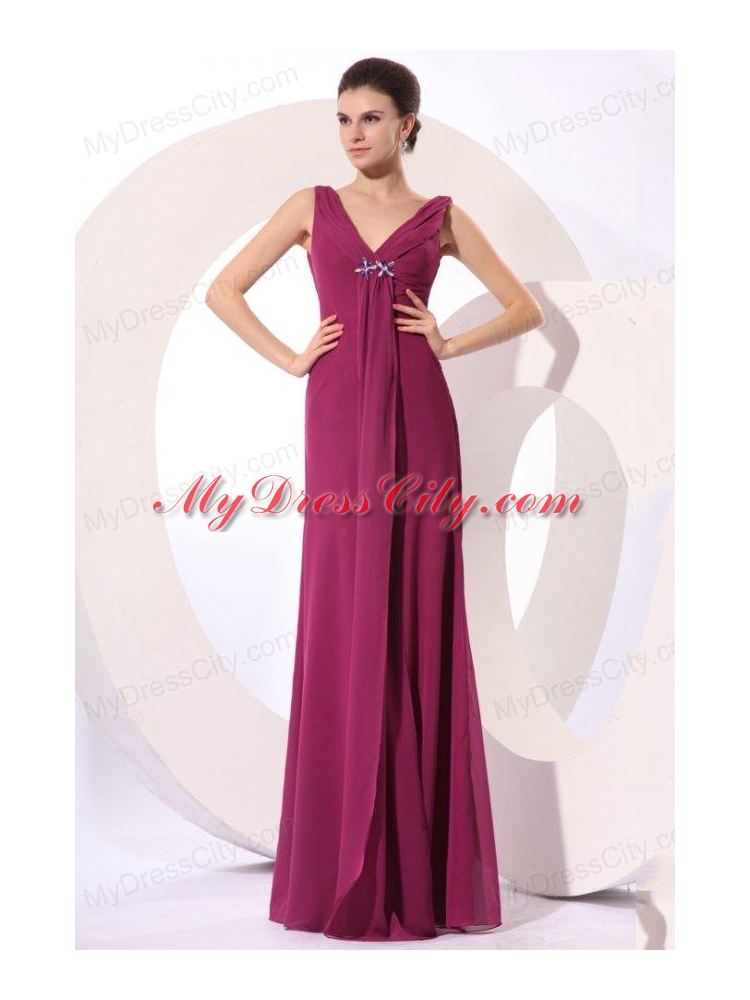 Elegant Empire V-neck Purple Beading Purple Chiffon Prom Dress