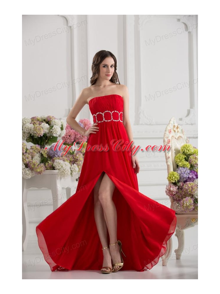 Empier Strapless Chiffon Beading Ruching High Slit Red Prom Dress