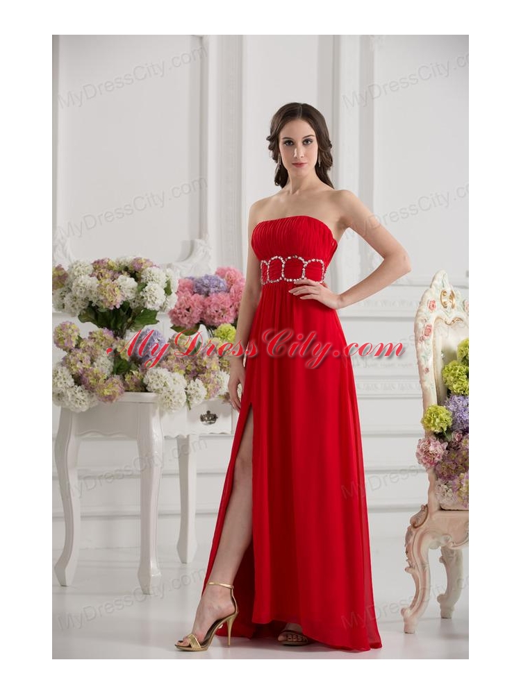 Empier Strapless Chiffon Beading Ruching High Slit Red Prom Dress