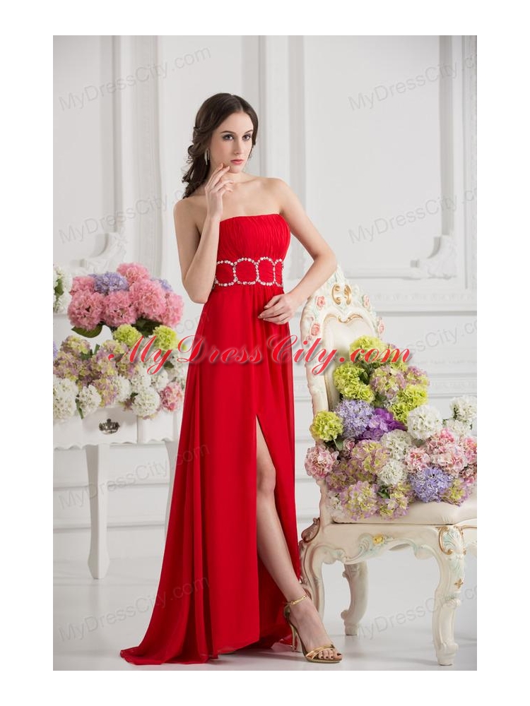 Empier Strapless Chiffon Beading Ruching High Slit Red Prom Dress