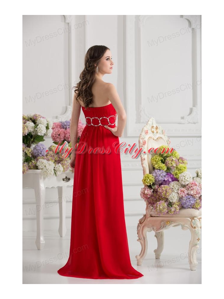 Empier Strapless Chiffon Beading Ruching High Slit Red Prom Dress