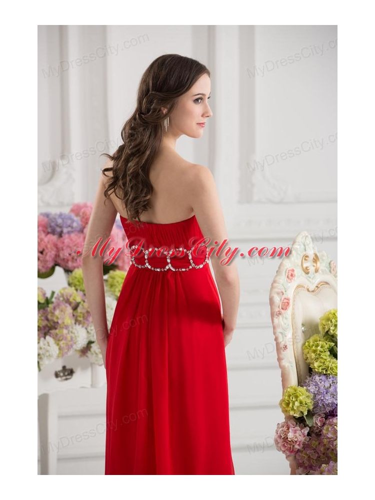 Empier Strapless Chiffon Beading Ruching High Slit Red Prom Dress