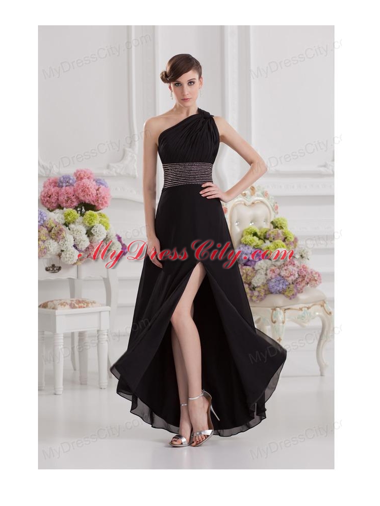 Empire One Shoulder Black Prom Dress with Beading and High Slit