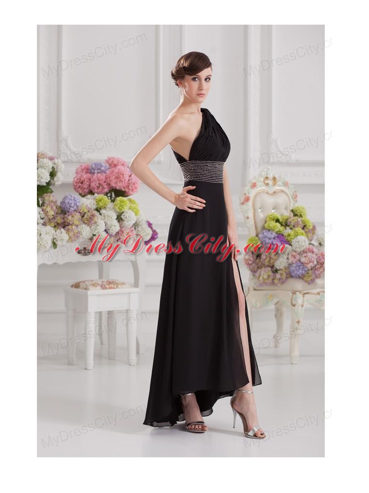 Empire One Shoulder Black Prom Dress with Beading and High Slit