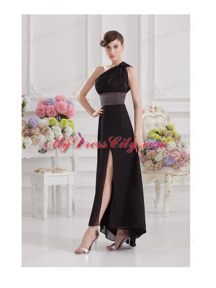 Empire One Shoulder Black Prom Dress with Beading and High Slit