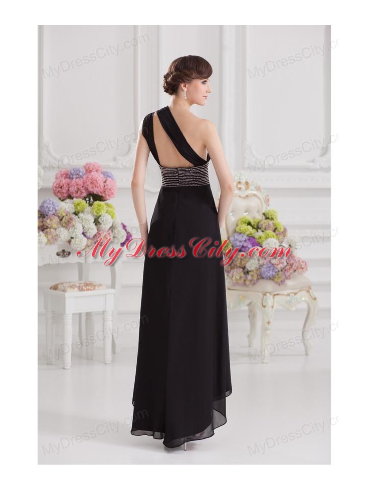 Empire One Shoulder Black Prom Dress with Beading and High Slit