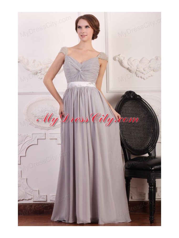 Grey Chiffon Empire Square Prom Dress with Beaded Cap Sleeves
