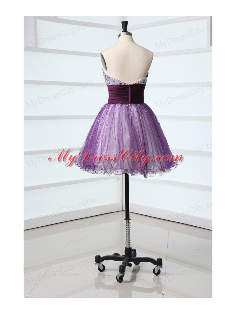 Lovely A-line Sweetheart Purple Mini-length Beading Tulle Prom Dress