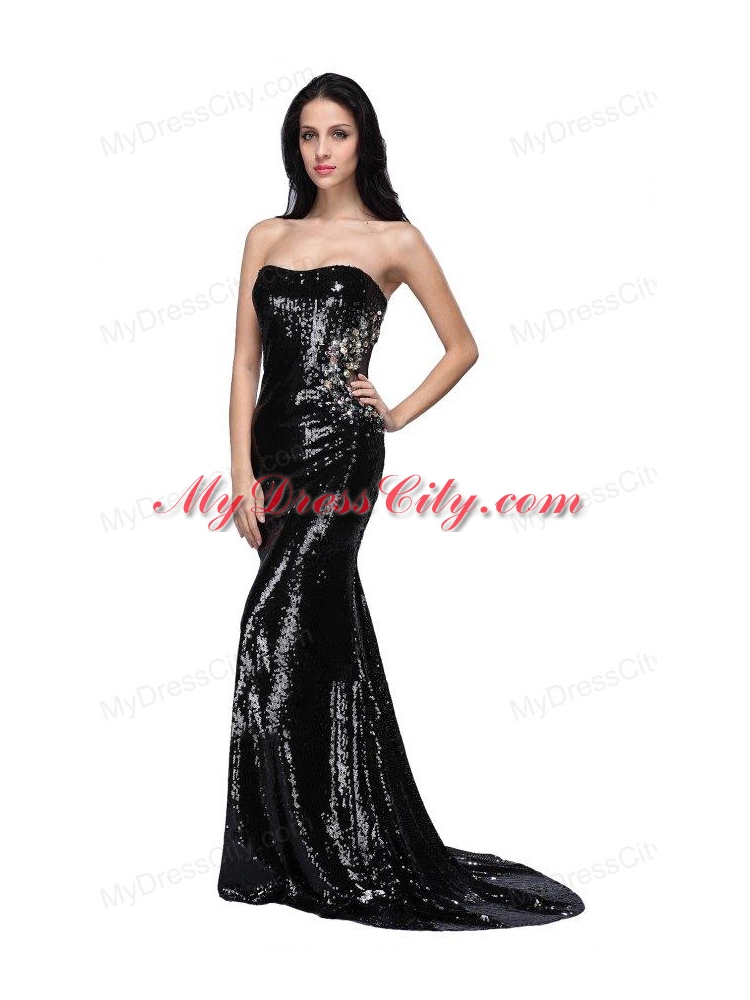Mermaid Black Strapless Sequins Brush Train Prom Dress