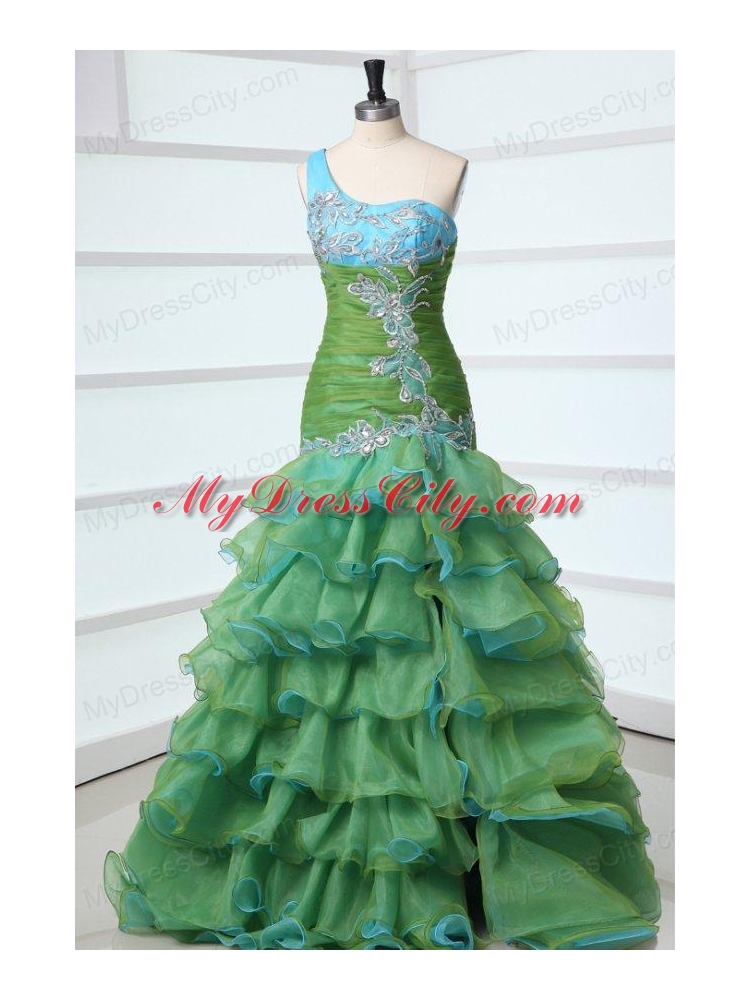 Mermaid One Shoulder Appliques Organza Multi-color Prom Dress