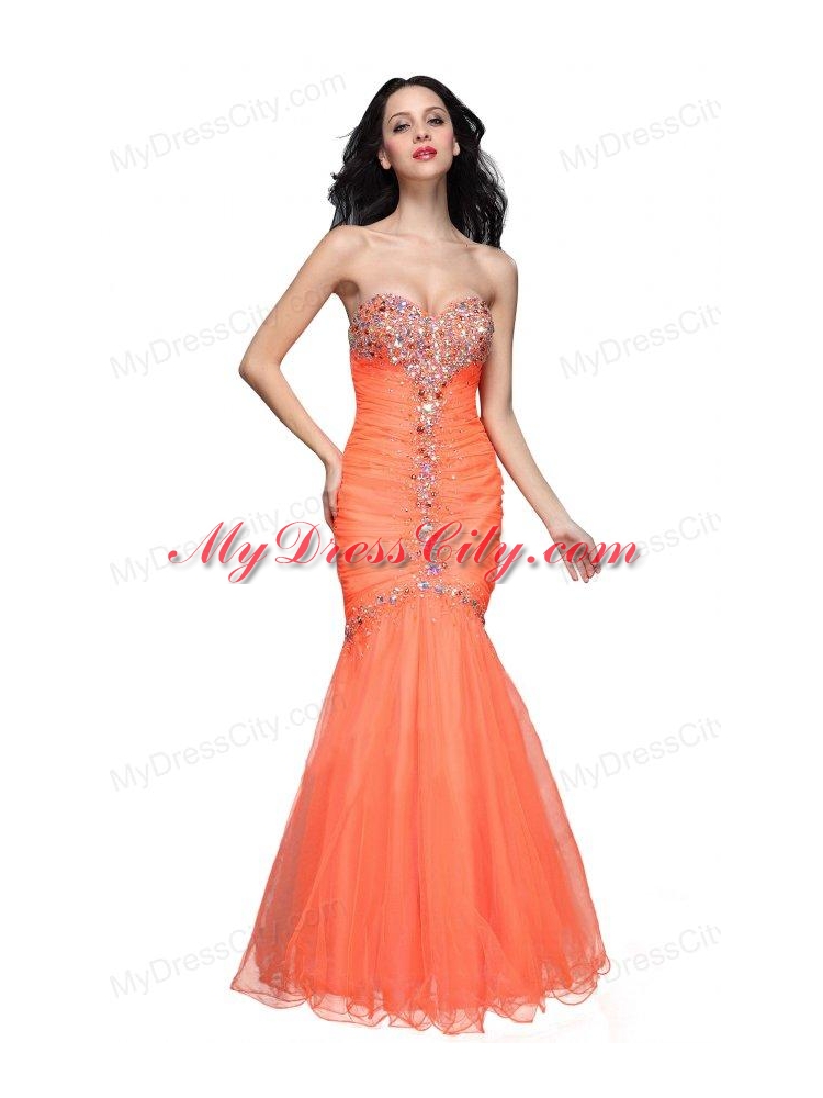 Mermaid Sweetheart Orange Beading Ruching Organza Prom Dress