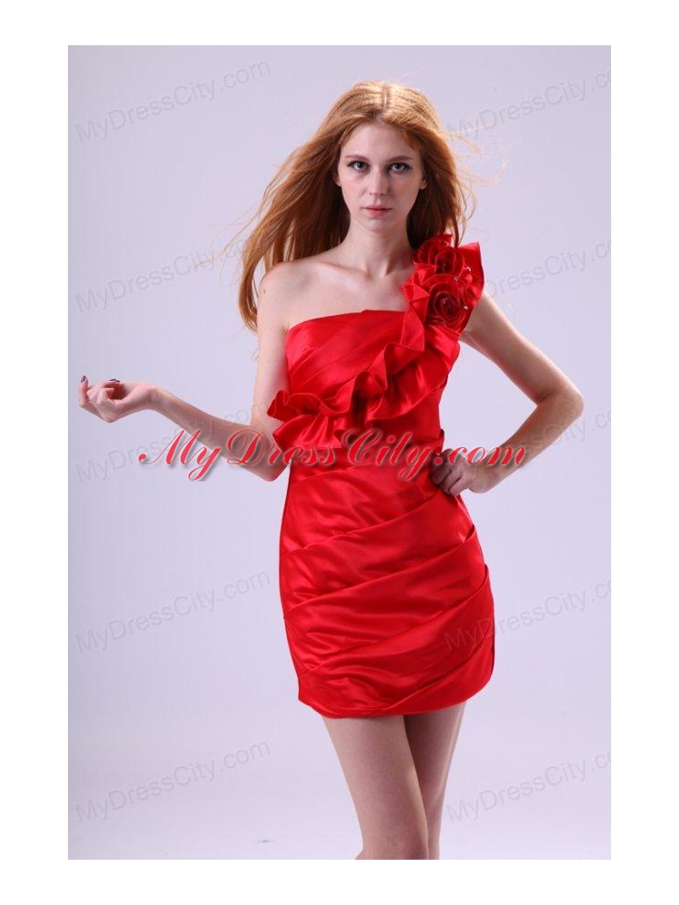 One Shoulder Red Prom Dress with Flowers Mini-length