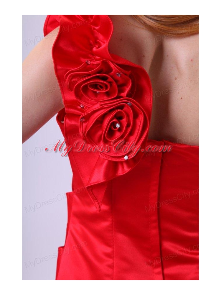 One Shoulder Red Prom Dress with Flowers Mini-length