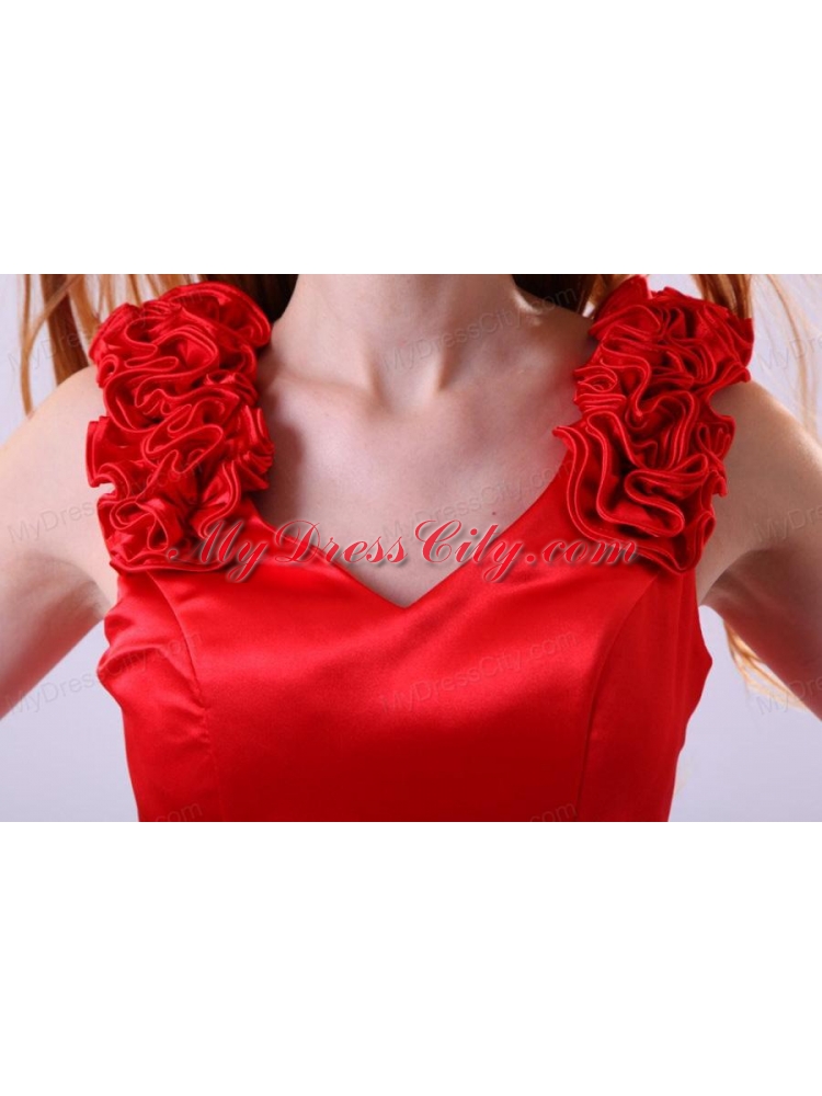 Red Column V-neck Flowers Short Prom Dress with Mini-length