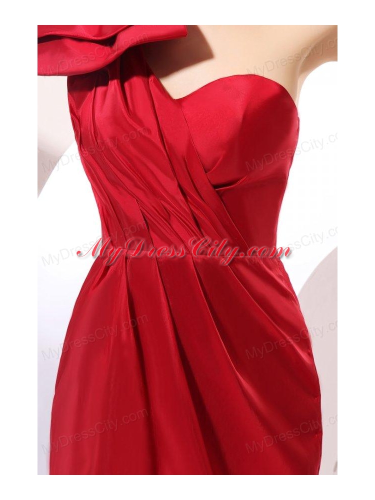 Simple Column One Shoulder Mini-length Bowknot Taffeta Red Prom Dress
