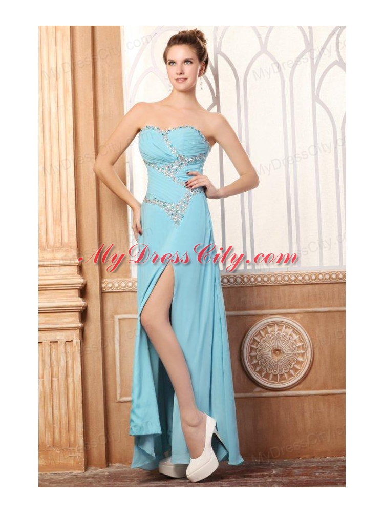 Sweetheart Light Blue Beading and High Silt Prom Dress with Chiffon