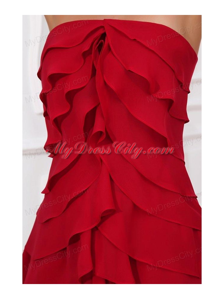 Wine Red Empire Strapless Prom Dress with Ruffled Layers
