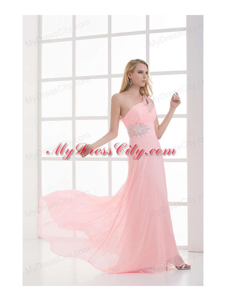 Empire One Shoulder Floor-length Chiffon Light Pink Prom Dress