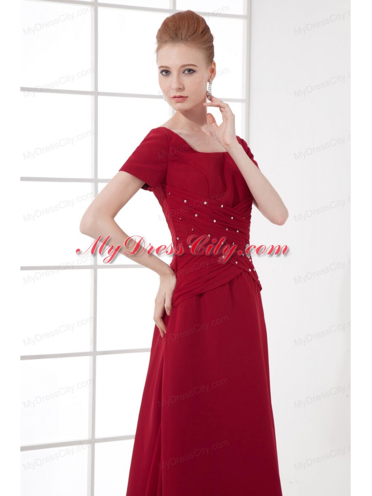 A-line Burgundy Ankle-Length Chiffon Beading and Ruching Prom Dress