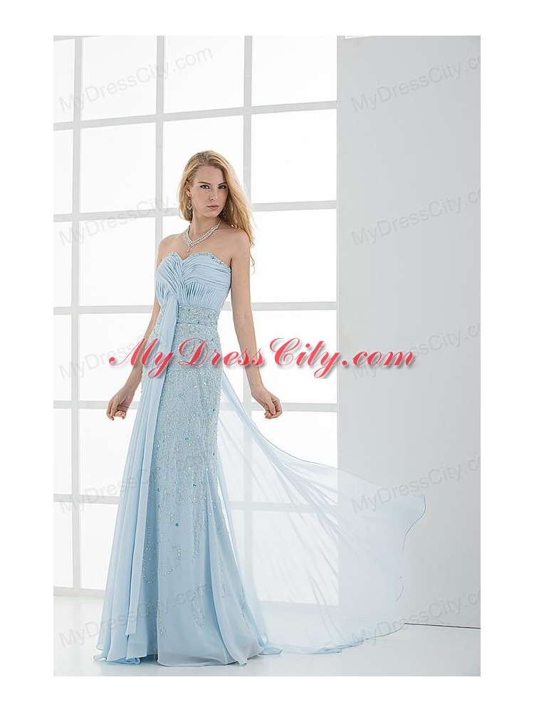Column Sweetheart Floor-length   Beading Light Blue Prom Dress